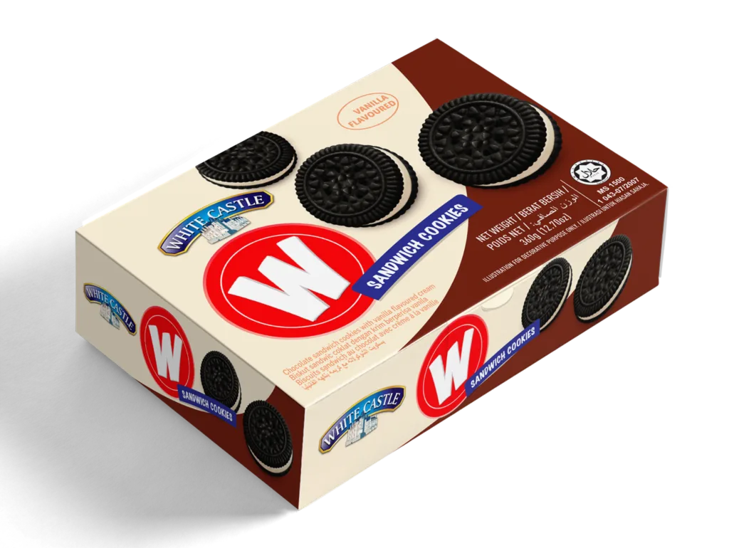 360G WHITE CASTLE CHOCOLATE SANDWICH COOKIES WITH VANILLA FLAVOURED CREAM