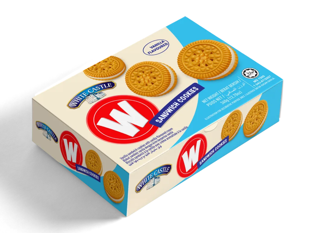360G WHITE CASTLE VANILLA SANDWICH COOKIES WITH VANILLA FLAVOURED CREAM